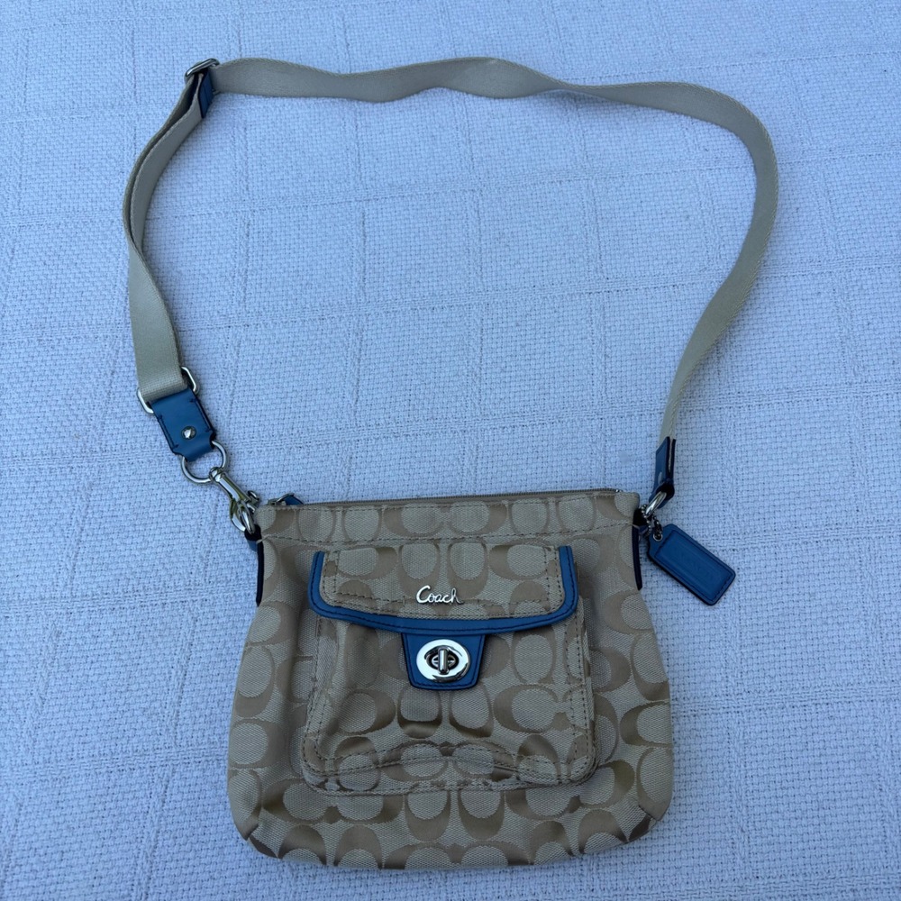 COACH Authentic Y2K Light Tan‎ Canvas Periwinkle Leather Small Crossbody Bag